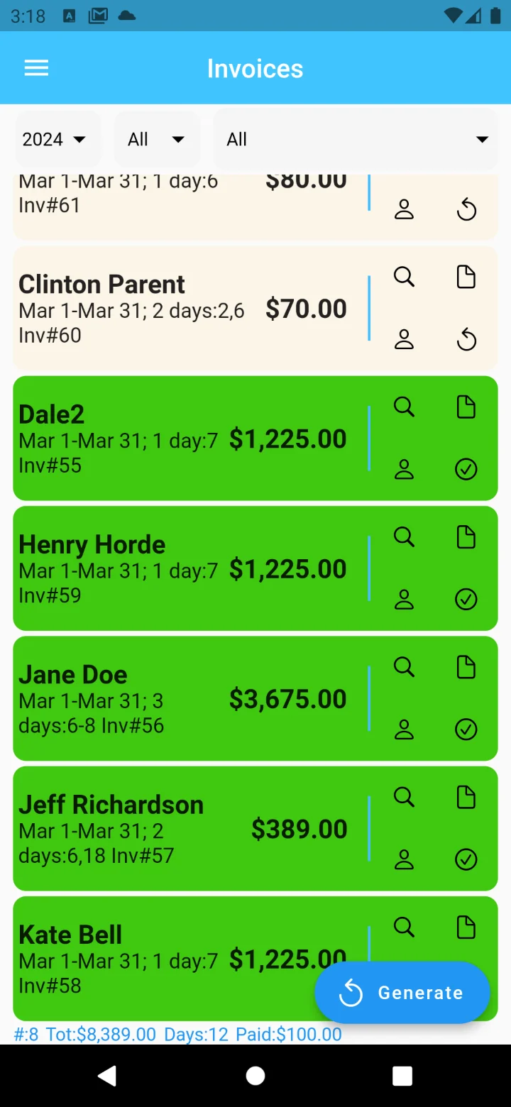 Invoices screen for March showing generated invoices per patient with amounts and paid status, and a Generate button.