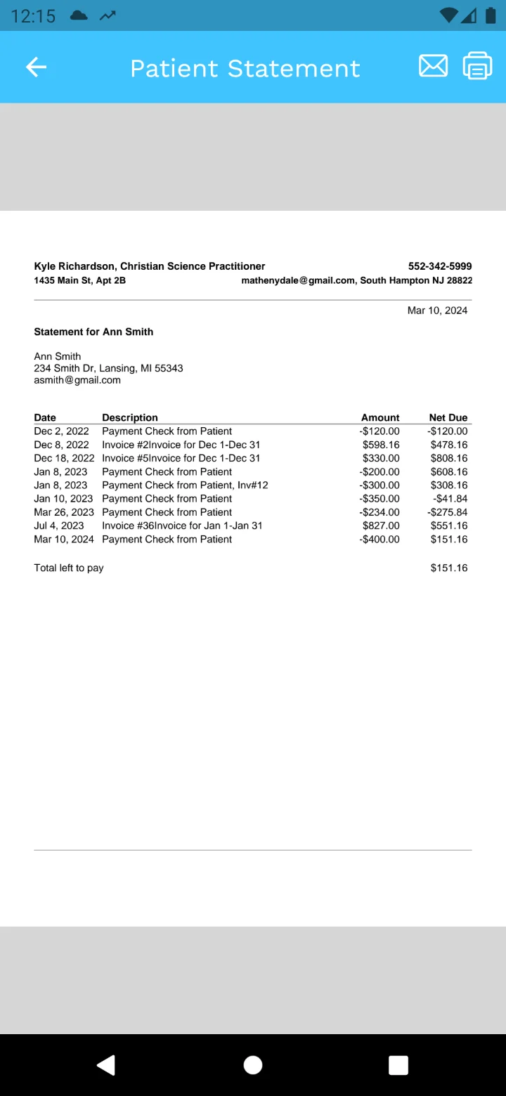 Patient Statement listing invoices and payments by date with a running net due and a total left to pay of $151.16.
